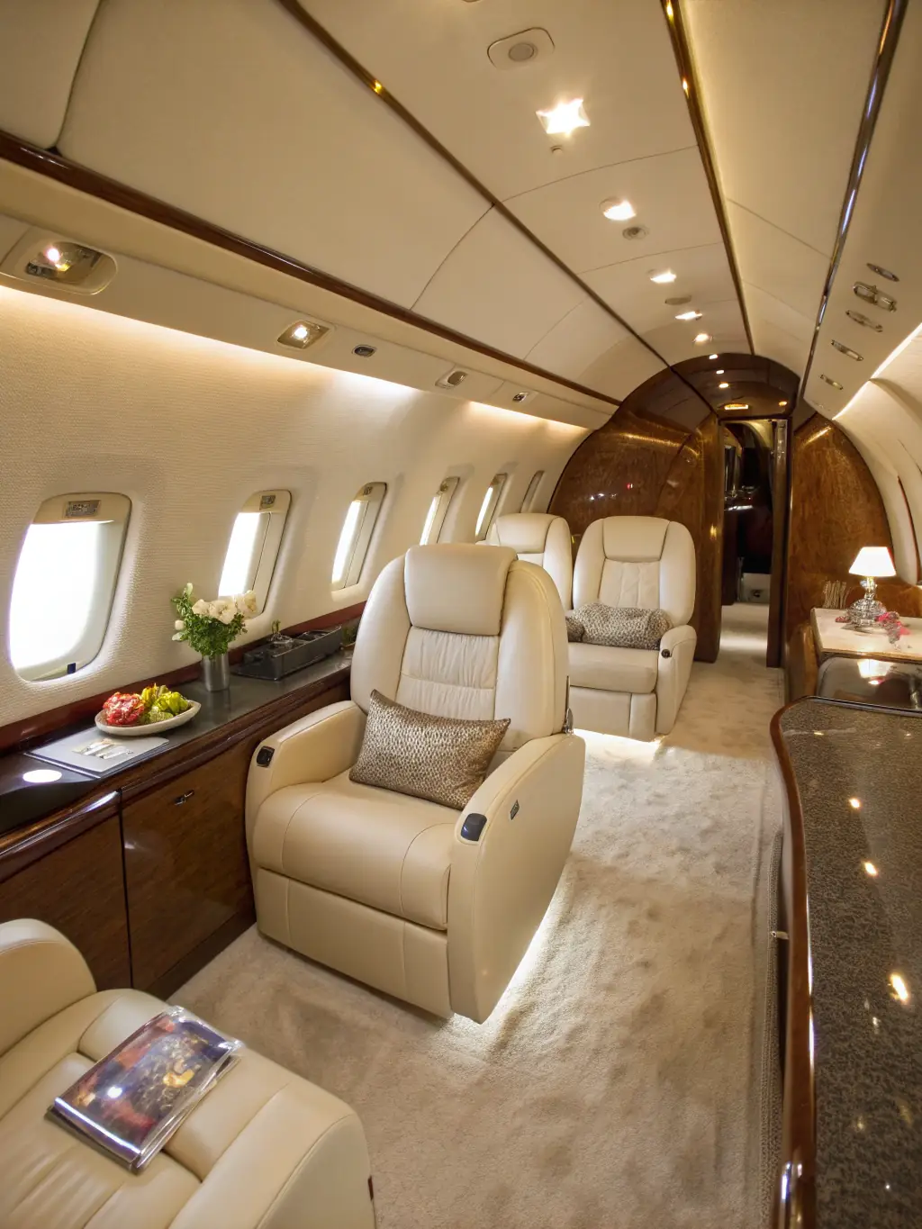 A high-resolution photograph of the interior of a luxurious private jet, showcasing plush seating, ambient lighting, and a fully stocked bar, emphasizing the comfort and exclusivity of Verana Luxe's private jet charter service.