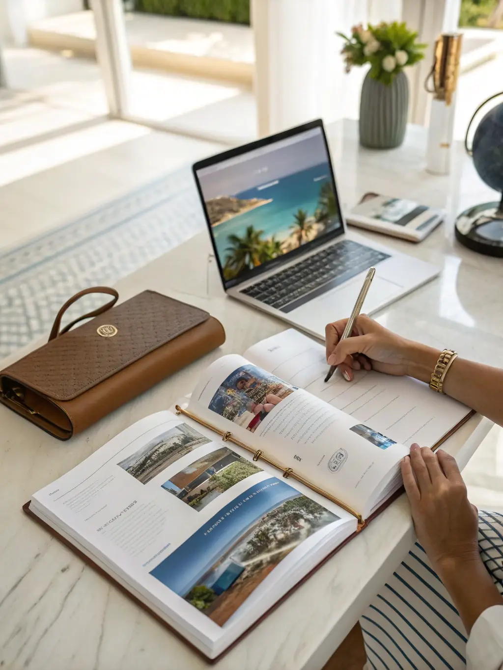 A serene image of a travel planner meticulously reviewing a detailed itinerary with a client in a luxurious office setting, emphasizing the personalized service.