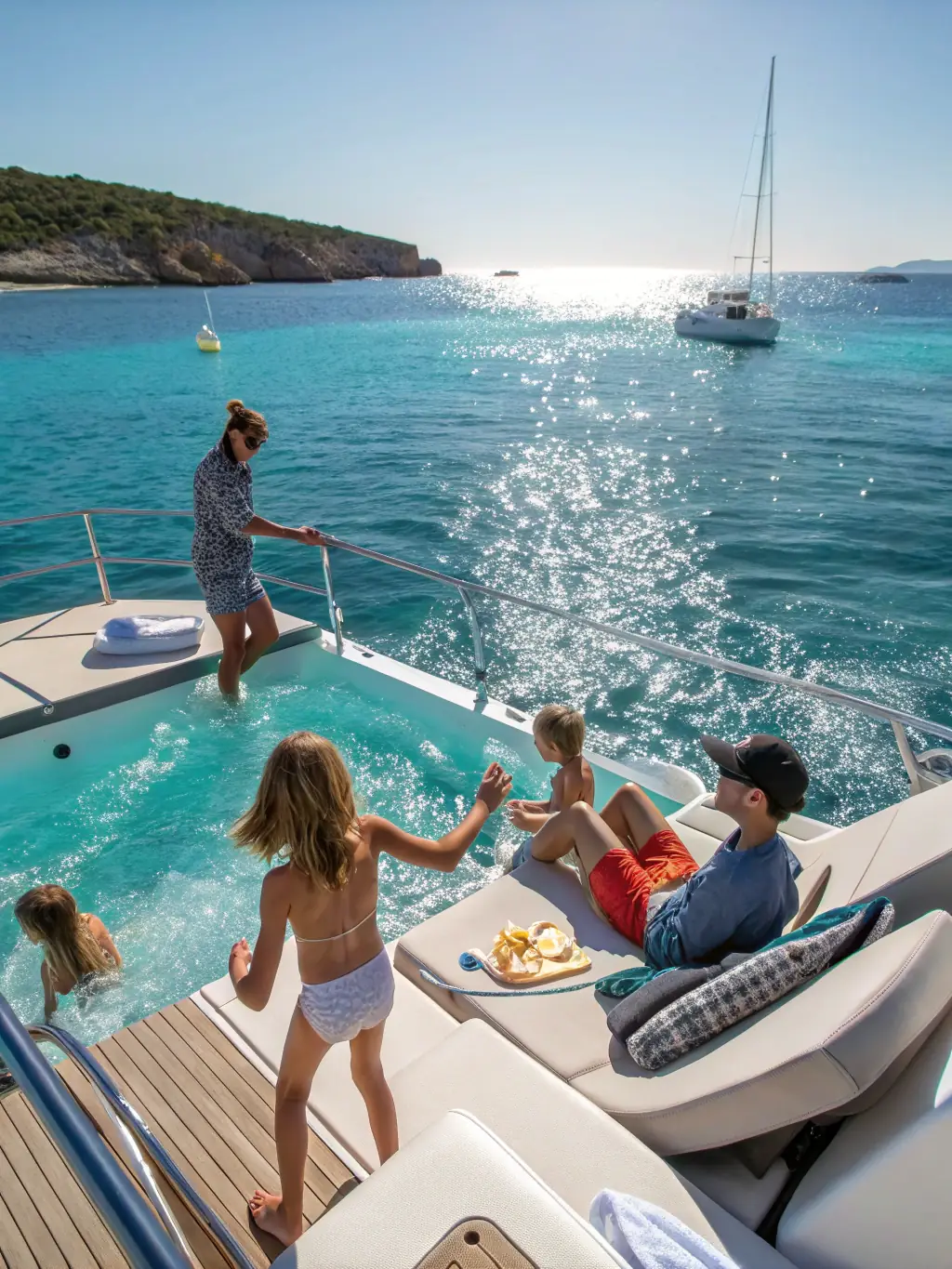 A photo of a family embarking on a private yacht, illustrating the luxury and exclusivity of Verana Luxe's travel options.