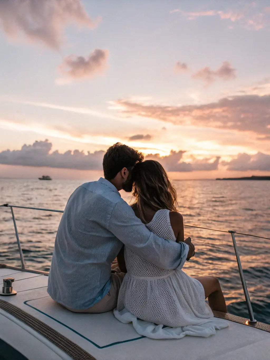 A serene image of a couple enjoying a private yacht cruise in the Mediterranean, with crystal-clear waters and picturesque coastal scenery, representing exclusive experiences.