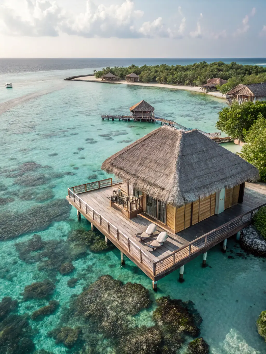 An image of an overwater bungalow in the Maldives, with crystal-clear turquoise waters and a private deck, illustrating the exclusive accommodations offered by Verana Luxe.